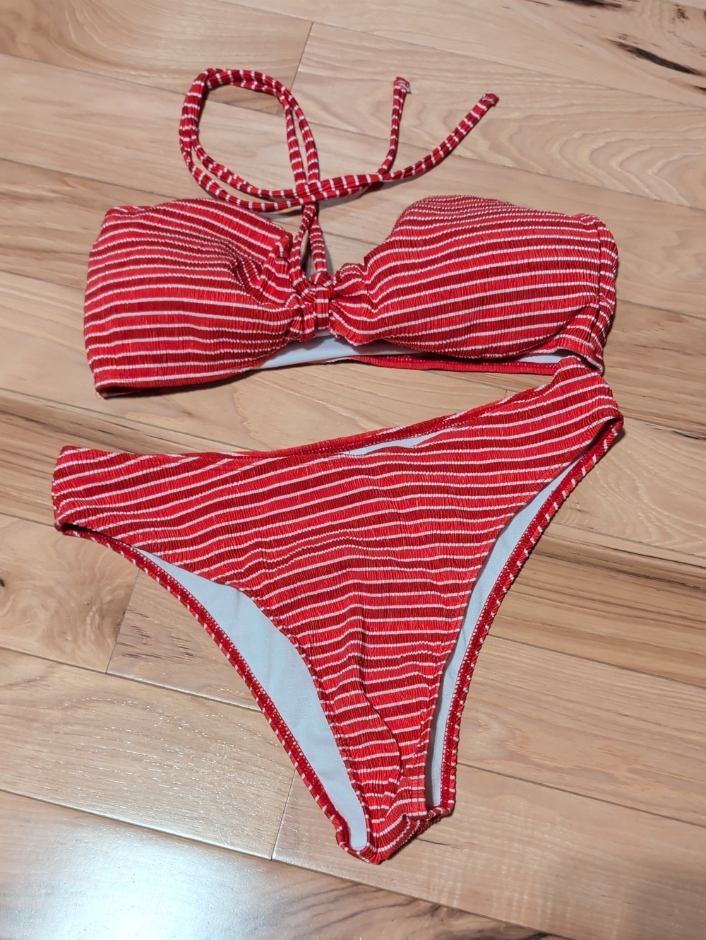 NWOT Red Coral White Stripe Bandeau Bikini Set